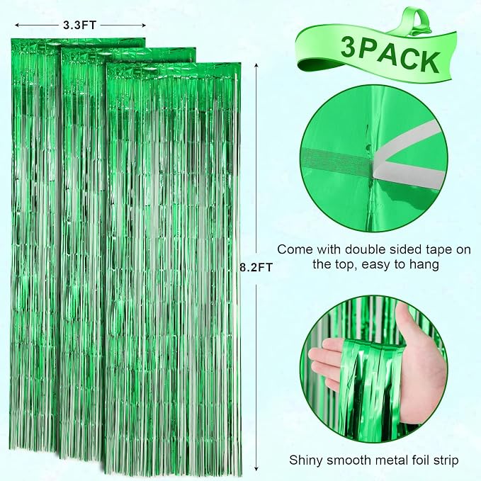 Voircoloria Green Foil Fringe Backdrop Curtains, 3 Pack | Tinsel Streamers - Image 3