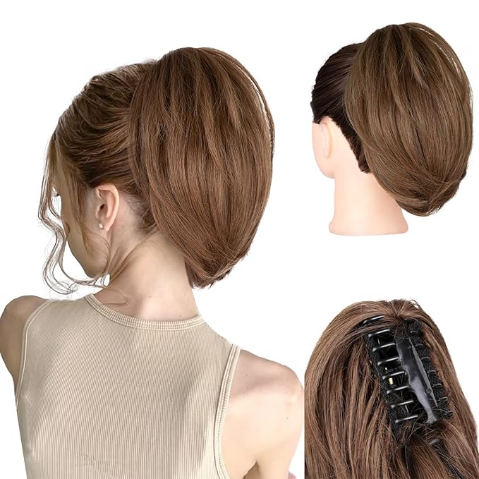 Claw Clip Ponytail Extension - 10 Inch Short Ponytail Extension, Straight Pony Tails Hair Extensions, Synthetic Hair Extensions Ponytail, Clip On Ponytails for Women (Medium Brown Mixed Light Brown)