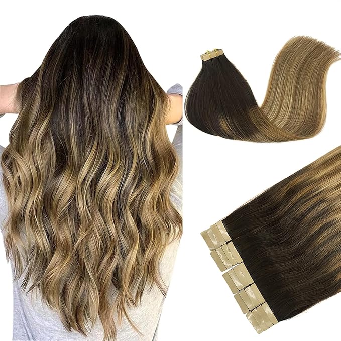 DOORES Human Hair Extensions Tape in Balayage Dark Brown to Chestnut Brown and Dirty Blonde 24 Inch 50g 20pcs Tape in Remy Hair Extensions Natural Hair Extensions Human Hair Skin Weft