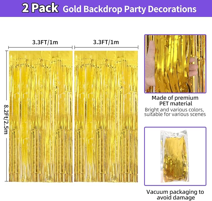 JINSUI Gold Fringe Backdrop 3.3x8.2ft, 2 Pack Foil Tinsel Curtains Decor | - Image 4