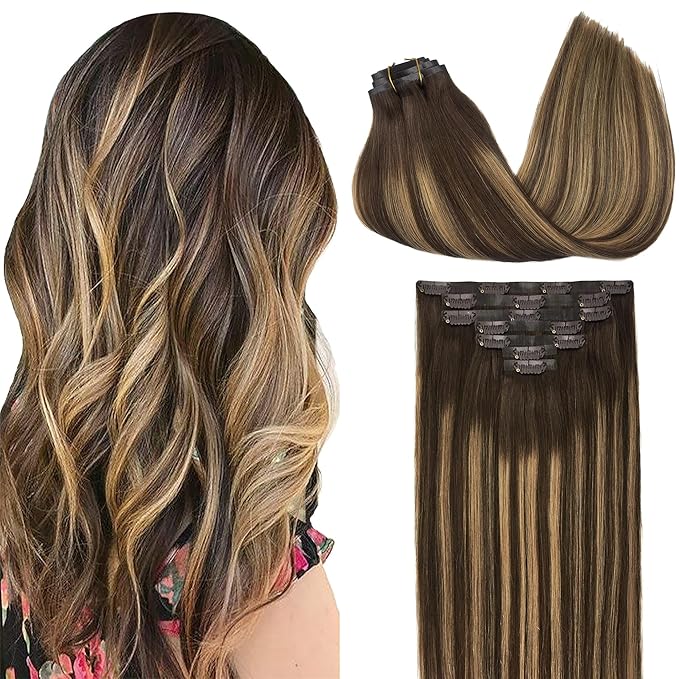 GOO GOO Clip in Hair Extensions Real Human Hair, Remy Human Hair Extensions Clip ins for Women, Natural Human Hair, 20inch 150g 7Pcs, 4/27/4 Balayage Chocolate Brown to Caramel Blonde