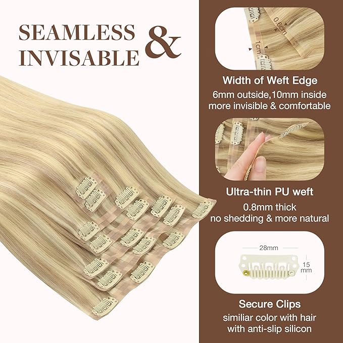 GOO GOO Clip in Hair Extensions Real Human Hair, Remy Human Hair Extensions Clip ins for Women, Natural Human Hair, 20inch 130g 7Pcs, #18D/22F Dirty Blonde Highlights