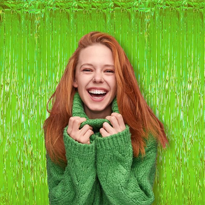 Voircoloria Green Iridescent Fringe Backdrop Curtains, 2 Pack | Tinsel Streamers - Image 6