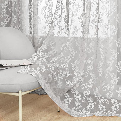 FOLKSIDE Grey Lace Curtains 84 Inches Long 2 Panels Ash Vintage Paisley Lace - Image 5