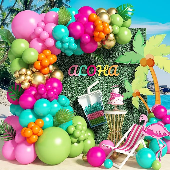 138pcs Flamingo Tropical Luau Balloons Arch Garland Kit, Olive Green and Hot by Paeyeq