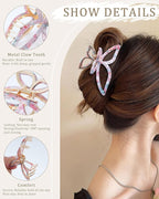 ACECHA 2 Pack Gold Metal Bow Hair Claw Clips for Women, Large Non-slip Butterfly Hairclips for Thin Thick Hair Claws Strong Hold Styling (Pink)