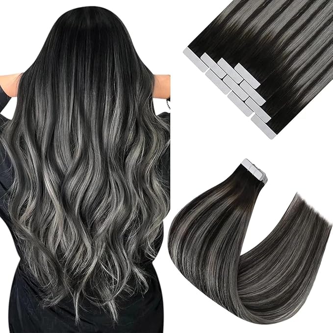 Sunny Hair Tape in Hair Extensions Human Hair 18 Inch Hair Extensions Real Human Hair Tape in Extensions for Women Natural Black Roots to Silver Grey Balayage Virgin Hair Natural Straight 10Pcs 25g