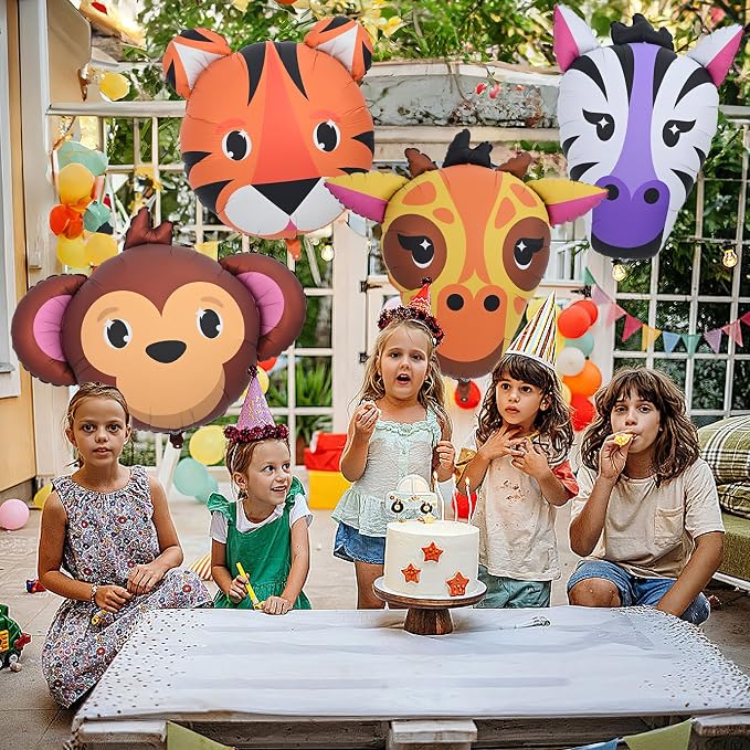4pcs Large Jungle Safari Animal Balloons, Tiger Giraffe Zebra Monkey Head Foil - Image 5
