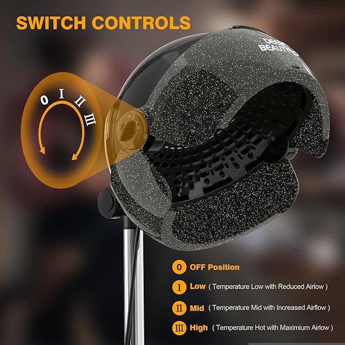 Professional Standing Hair Dryer - 1875W Floor Standing Hooded Dryer Hair Bonnet with Ionic Generator for Professional Salon Station Spa Home Use Hair Drying Treatment Adds Shine Volume (Black)