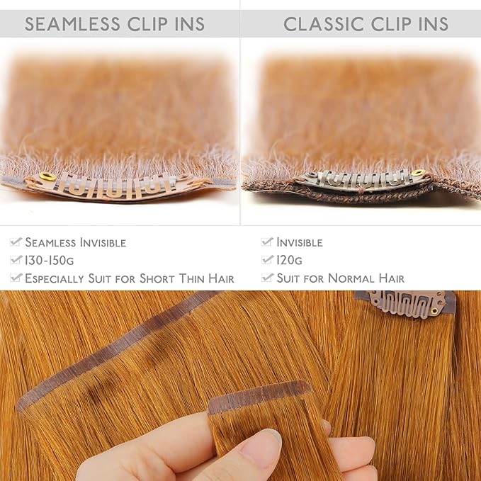 WENNALIFE Seamless Clip In Hair Extensions Human Hair, 18 Inch 130g 7pcs Auburn Ginger Real Hair Extensions Clip in Human Hair Invisible PU Skin Weft Natural Remy Human Hair Extensions