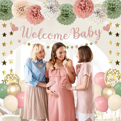 Amandir Sage Green and Pink Baby Shower Decorations Welcome Baby Banner | Pink - Image 5
