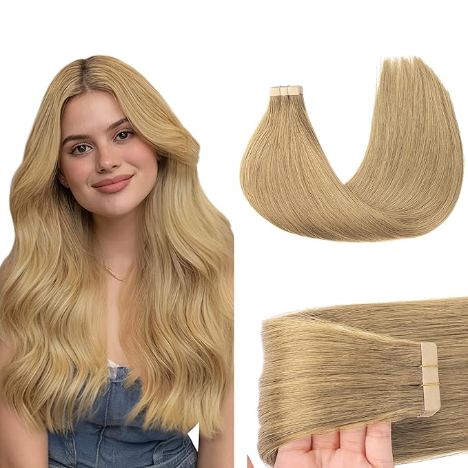 GOO GOO Tape in Hair Extensions Human Hair, 7 Bronde, 26inch 60g 20pcs, Skin Weft Seamless Invisible, Silky Straight with Thick Ends, Remy Human Hair
