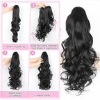 ALXNAN Ponytail Extension,24 Inch Claw Clip in Long Curly Wavy Omber Black to Pink Ponytail Hair Extension Jaw Clip on Pony Tails Hairpiece for Women