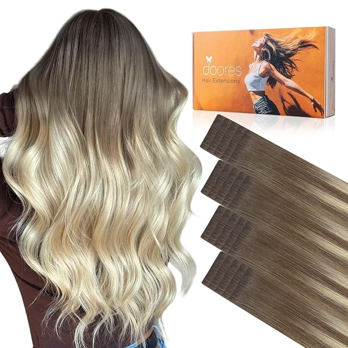 DOORES Invisi Edge Tape in Hair Extensions Human Hair, Ash Brown to Platinum Blonde 10 Injection Tape-ins with 10 Injection Tape-ins 50g 20 Inch, Virgin Tape in Extensions