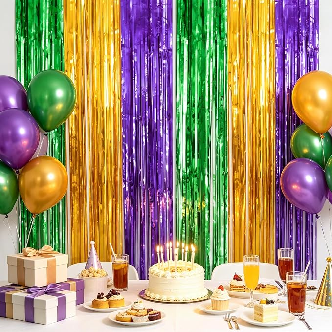 jijAcraft Purple Gold Green Tinsel Foil Fringe Curtain, 2 Pack 3.2x6.5 Feet - Image 7