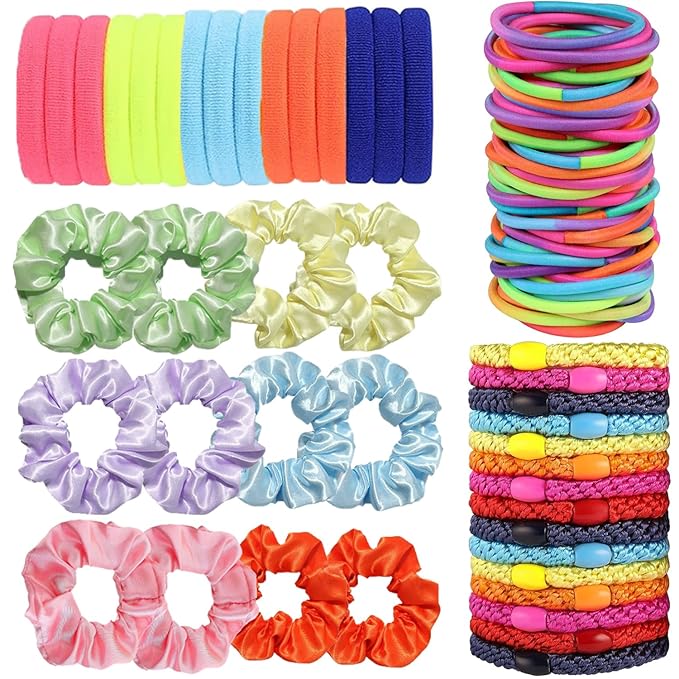 Hair Ties for girls 4 popular styles Hair Elastics (15pcs No Damage Hair Ties 50pcs High Elastic Ties 15pcs Ponytail Holders 12 Satin Scrunchies) Pain-free No Crease multiple colors for all hair types