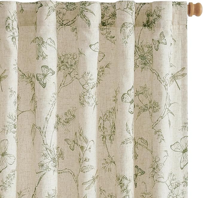 Green Floral Linen Lined Curtains Rod Pocket 50W X 63L 2 Panels | Charlotte by Lazzzy