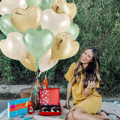 TONIFUL 15 Pcs 18 Inch Cream Gold Green Heart Shape Foil Mylar Balloons | - Image 6
