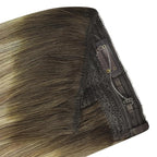 YoungSee Invisible Wire Hair Extensions Brown Balayage Human Hair Wire Extensions Walnut Brown Ombre Blonde Highlights One Piece Hair Extensions Heat-Stylable Straight Hair 16inch 80g