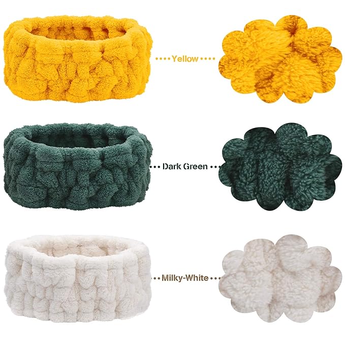 Chuangdi 3 Pieces Spa Headband for Women Facial Makeup Headband Soft Terry Cloth Hairband for Washing Face Mask Spa Shower Gifts(Milky-White, Yellow, Dark Green)