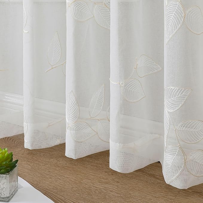 Beige Sheer Curtains Leaf Embroidered 84 Inches Long 2 Panels | Light Filtering - Image 4