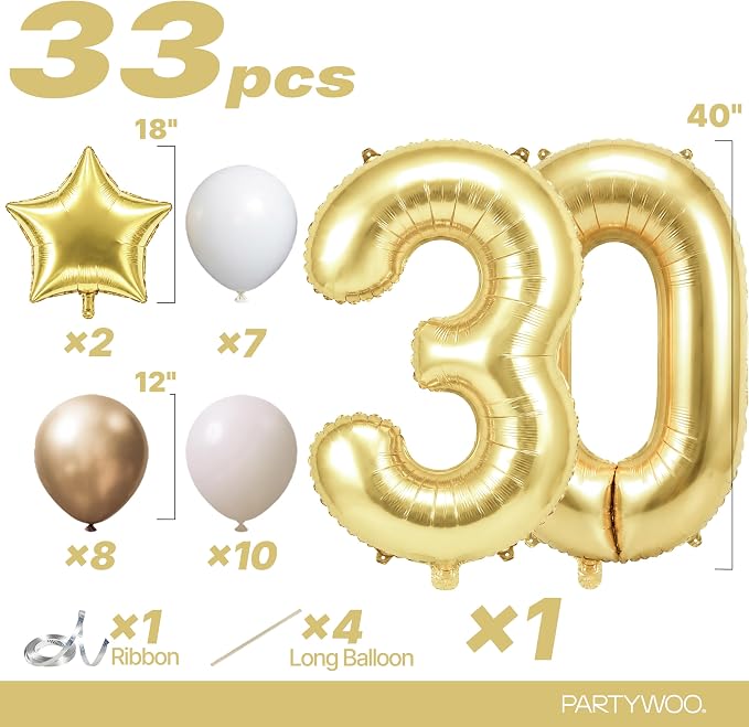 PartyWoo Number Balloons 40 Inch Gold Number 30 Kit 33pcs - Image 2