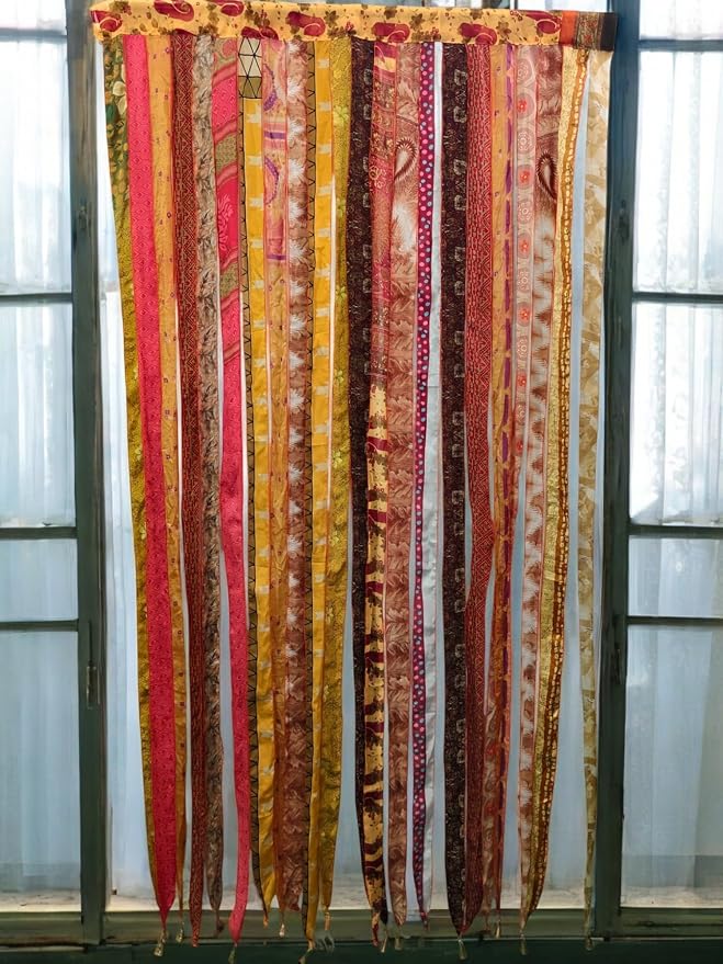 Mango Gifts Bohemian Door Curtain Made from Recycled Silk Sari Ribbon Orange - Image 3