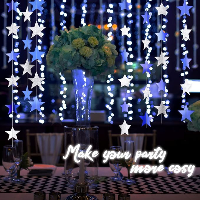 Patelai 130 ft Star Garland Banner Decor, Ocean Blue, Glitter Silver - Image 7