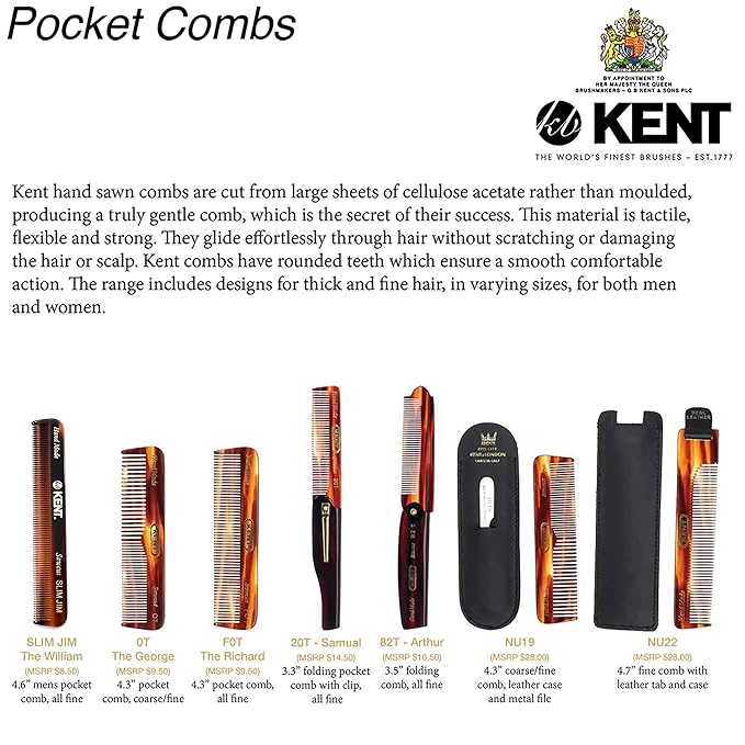Kent OT Tortoiseshell Pocket Comb - Handmade Fine and Wide Tooth Hair Comb for Men, Women, and Kids - Travel, Beard, and Mustache Comb - Saw Cut and Hand Polished Made in England