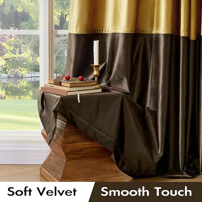 Brown Gold Velvet Blackout Curtains Luxury Decor 72 inches, Color Block | - Image 3