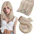 Moresoo Blonde Highlight Clip in Hair Extensions Human Hair Ash Blonde with Bleach Blond Remy Real Human Hair Extensions Clip ins Short for Women Double Weft 80g/5pcs 14 inch