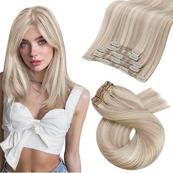 Moresoo Blonde Highlight Clip in Hair Extensions Human Hair Ash Blonde with Bleach Blond Remy Real Human Hair Extensions Clip ins Short for Women Double Weft 80g/5pcs 14 inch