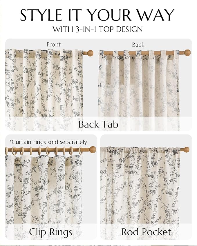 jinchan Black Floral Linen Curtains 96 Inch Farmhouse Back Tab 2 Panels | - Image 8