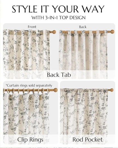 jinchan Black Floral Linen Curtains 96 Inch Farmhouse Back Tab 2 Panels | - Image 8