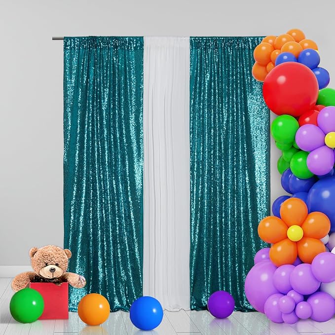 Eternal Beauty Teal Sequin Backdrop Curtains, 4 Panels 2x8FT | 3mm Sparkle - Image 4