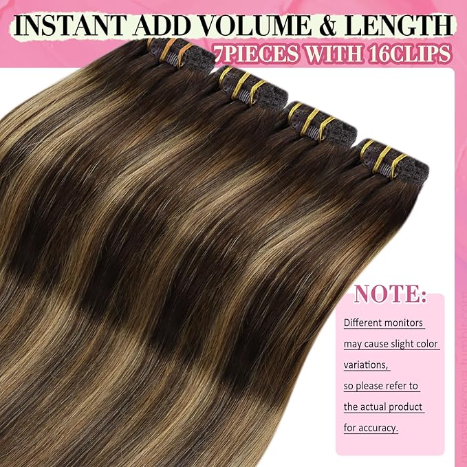 YoungSee Clip in Hair Extensions Balayage Brown Hair Extensions Clip ins Invisible Clip Hair Extension Real Human Hair Balayage Chocolate Brown Mix Caramel Blonde Clip in Extension Straight 14In 120G