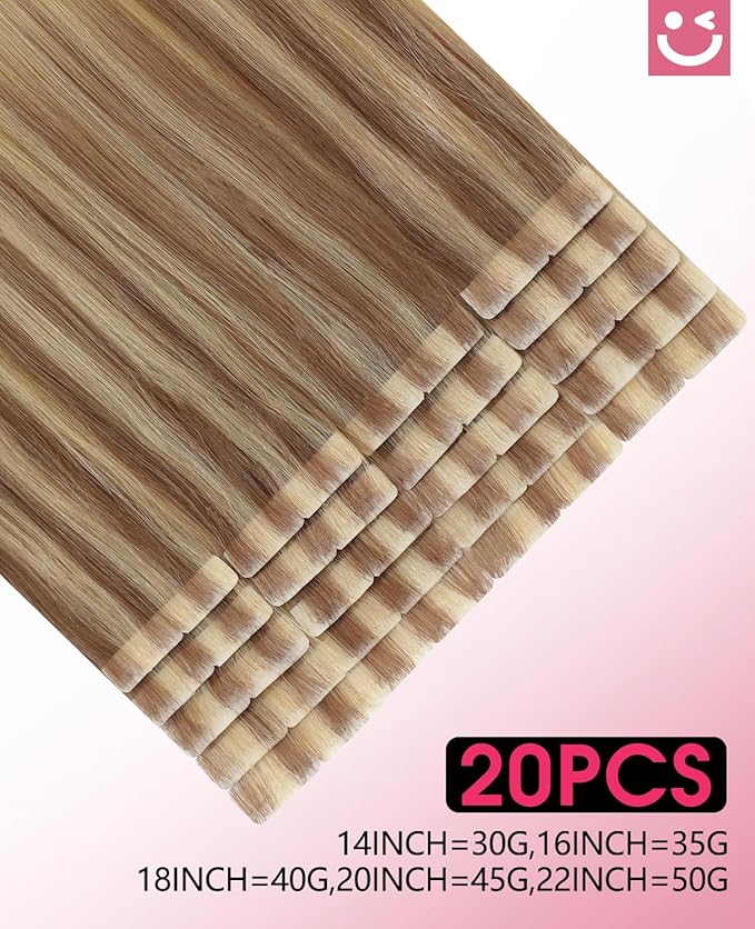 Youngsmile Injection Tape in Hair Extensions Human Hair Balayage #10/27/27 Golden Brown to Caramel Blonde 20pcs 30g 14 Inch Injected Tape in Hair Extensions Seamless Remy Human Hair (#10/27/27,14'')