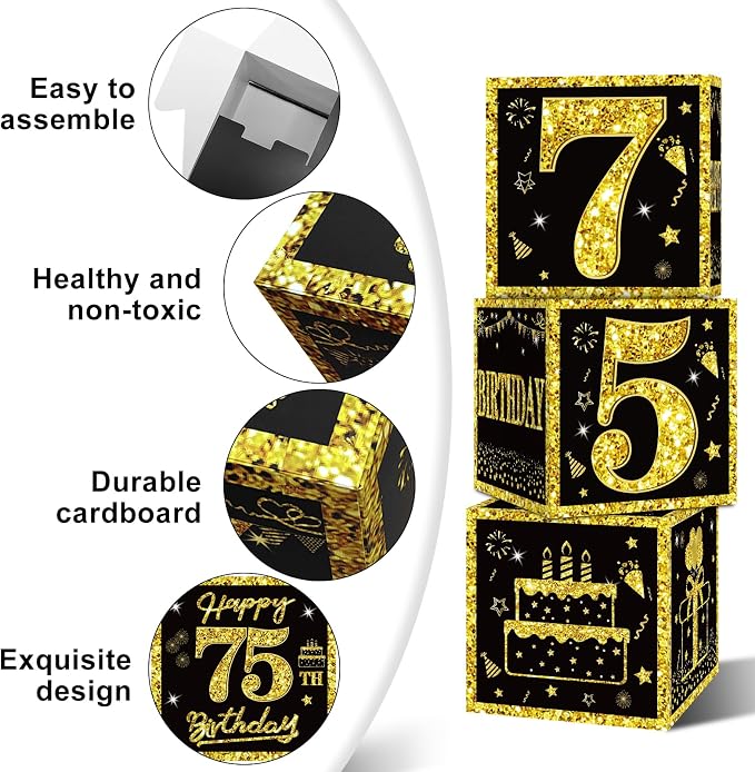 Eiurteao 3pcs Black Gold 75th Birthday Decorations Boxes - Image 6