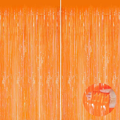 Orange Metallic Tinsel Foil Fringe Curtains, 2 Pack 3.3x8.3 Feet Party Streamer by NUWDHP
