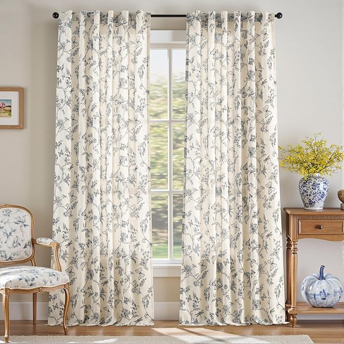 Blue Floral Linen Curtains Farmhouse Rod Pocket 50W X 96L 2 Panels | Charlotte - Image 2