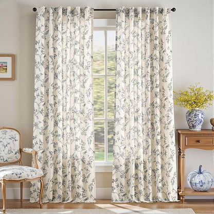 Blue Floral Linen Curtains Farmhouse Rod Pocket 50W X 96L 2 Panels | Charlotte - Image 2
