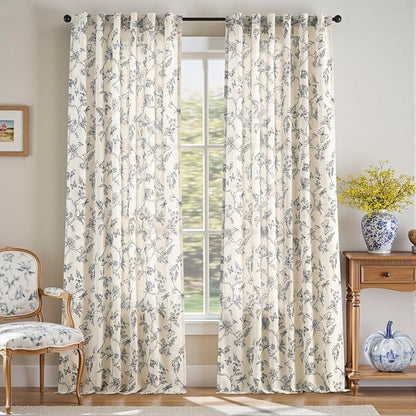 Blue Floral Linen Curtains Farmhouse Rod Pocket 50W X 108L 2 Panels | Charlotte - Image 2