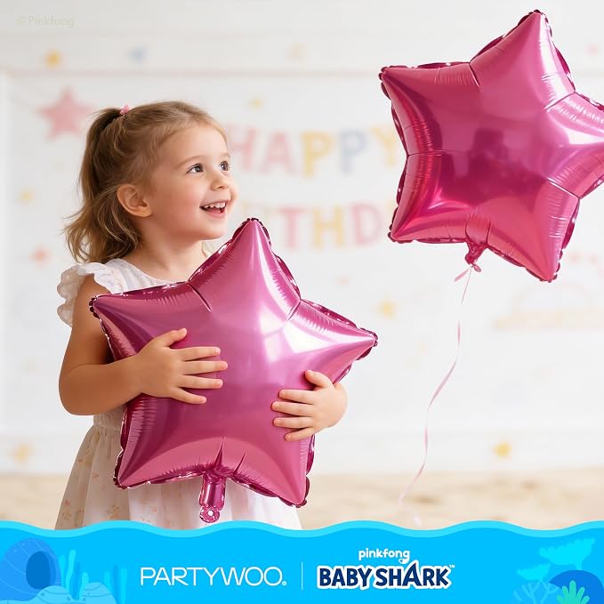 PartyWoo Baby Shark Pink Foil Round Star Mylar Number 1 Balloons 5pcs | Balloons - Image 5