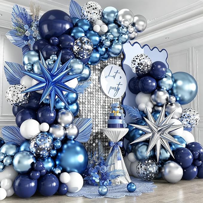 Blue Balloon Arch Kit 138Pcs Navy Blue White Metallic Blue Silver Confetti Star by EUMIRO