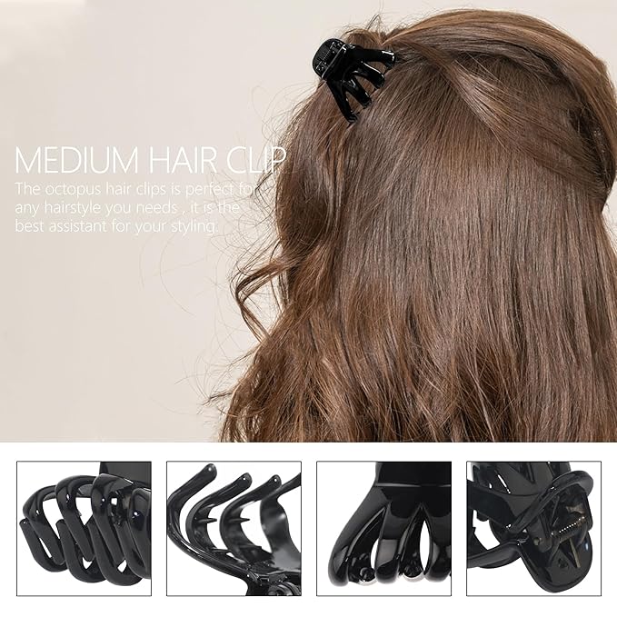 4CM Medium Small Hair Claw Clips 9 pcs Octopus Hair Clips Strong Grip Medium Hair Clips with Teeth Non-slip Good for Women Girls Thin Thick Hair.(Black+Brown+Clear)