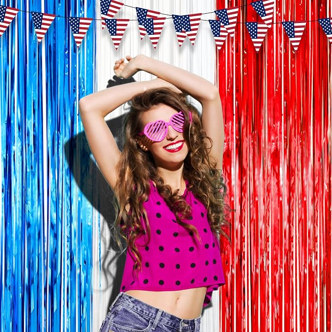 Voircoloria Red White Blue Foil Fringe Backdrop Curtains, 3 Pack | Tinsel - Image 6