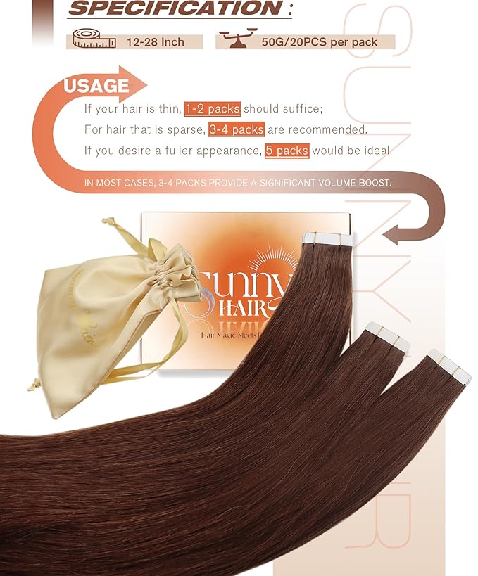 Sunny Hair Tape in Hair Extensions Real Human Hair Invisible Remy Hair Extensions Tape ins for Women Auburn Brown 12 inch 20Pcs