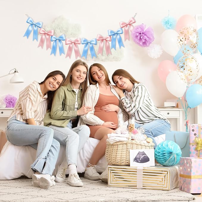 1 String of 8PCS Baby Pink&Baby Blue Bow Garland Banner Decoration, Pre-Strung - Image 5