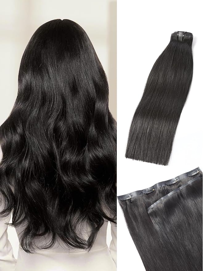 LUVME Straight Seamless 70g 4Pcs Clip in Hair Extensions Full Max with 16inch Remy Human Hair Clip ins, Natural Black 100% Real Soft Hair
