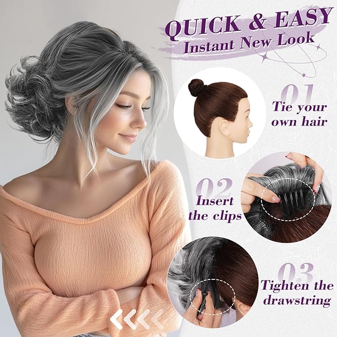 BARSDAR Drawstring Ponytail Extension - 10 Inch Short Wavy Ponytail Hair Extensions for Women - Synthetic Comb Clip in Ponytails Hairpieces Salt and Pepper Pony Tail - Dark Gray & White Tips